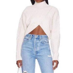 New For Love And Lemons White/Cream Cropped Cable Knit Turtleneck Sweater